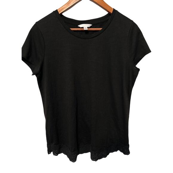 Lauren Conrad Black Short Sleeve Crew Neck Lace Trim Ruffle Open Back Tee Med - Picture 1 of 11